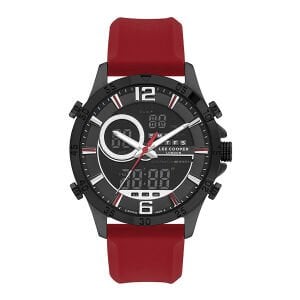 Lee Cooper LC07559.658 Erkek Kol Saati | 46 mm Dijital & Analog Tasarım, Kırmızı Silikon Kordon, Çelik Kasa