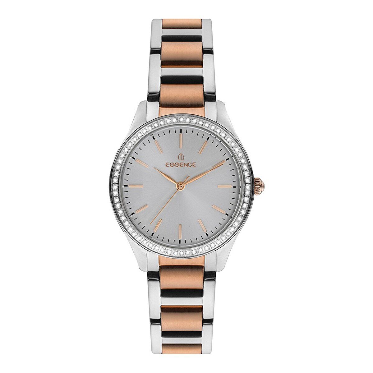 Essence ES6667FE.530 Kadın Kol Saati | 34 mm Gümüş/Rose Gold Taşlı Çerçeve, Çelik Kasa ve Bilezik