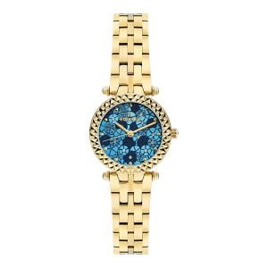 Essence D1139.190 Kadın Kol Saati | 28 mm Altın Renkli Kasa, Çiçek Desenli Lacivert Kadran, Taşlı Çerçeve