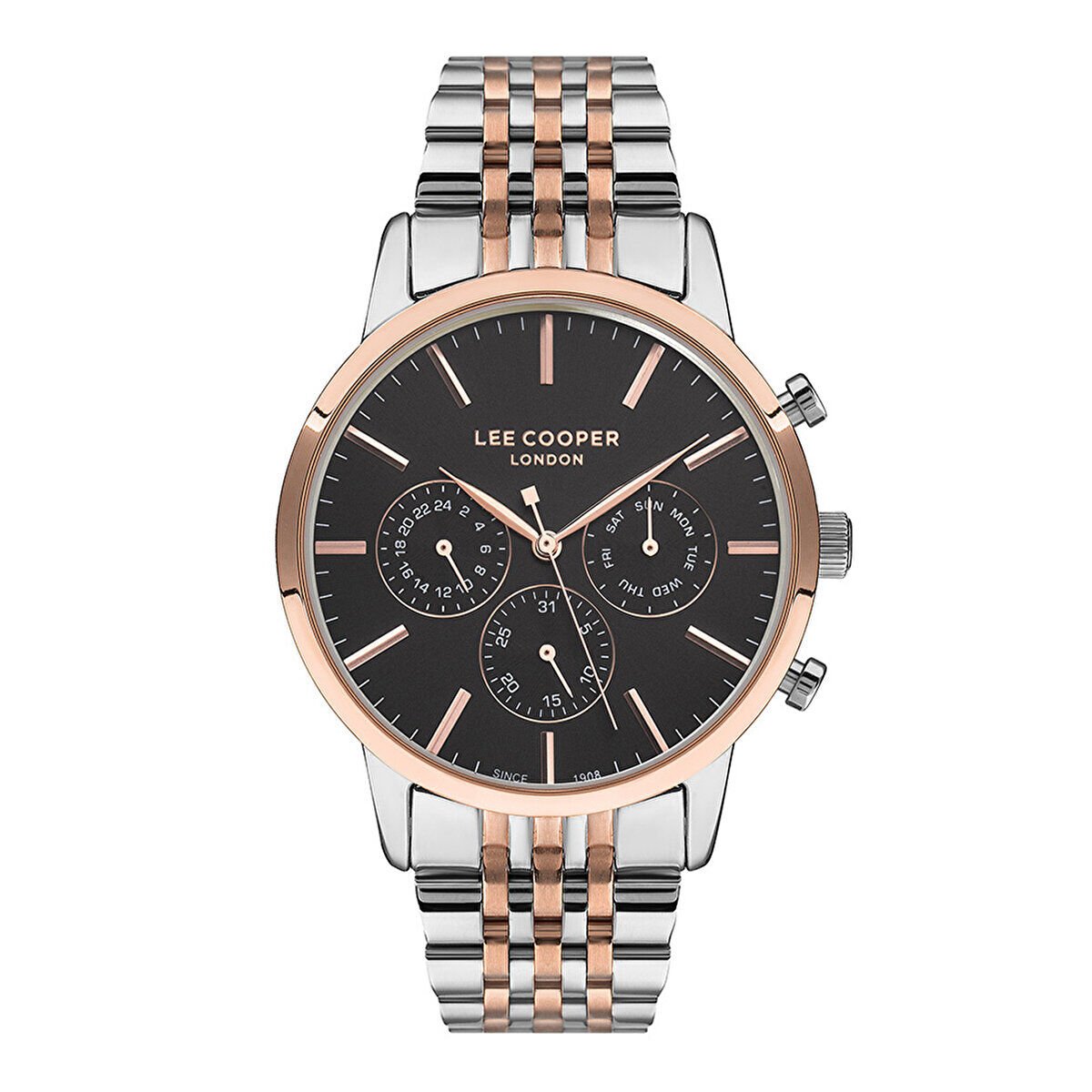 Lee Cooper LC07359.590-NM Erkek Kol Saati | 45 mm Rose Gold Çerçeve, Gri Kadran, Çift Renk Çelik Kordon