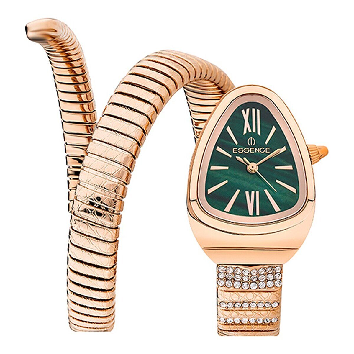 Essence D1147.470 Kadın Kol Saati | 32 mm Rose Gold Kasa, Yeşil Sedef Kadran, Spiral Yılan Formlu Kordon