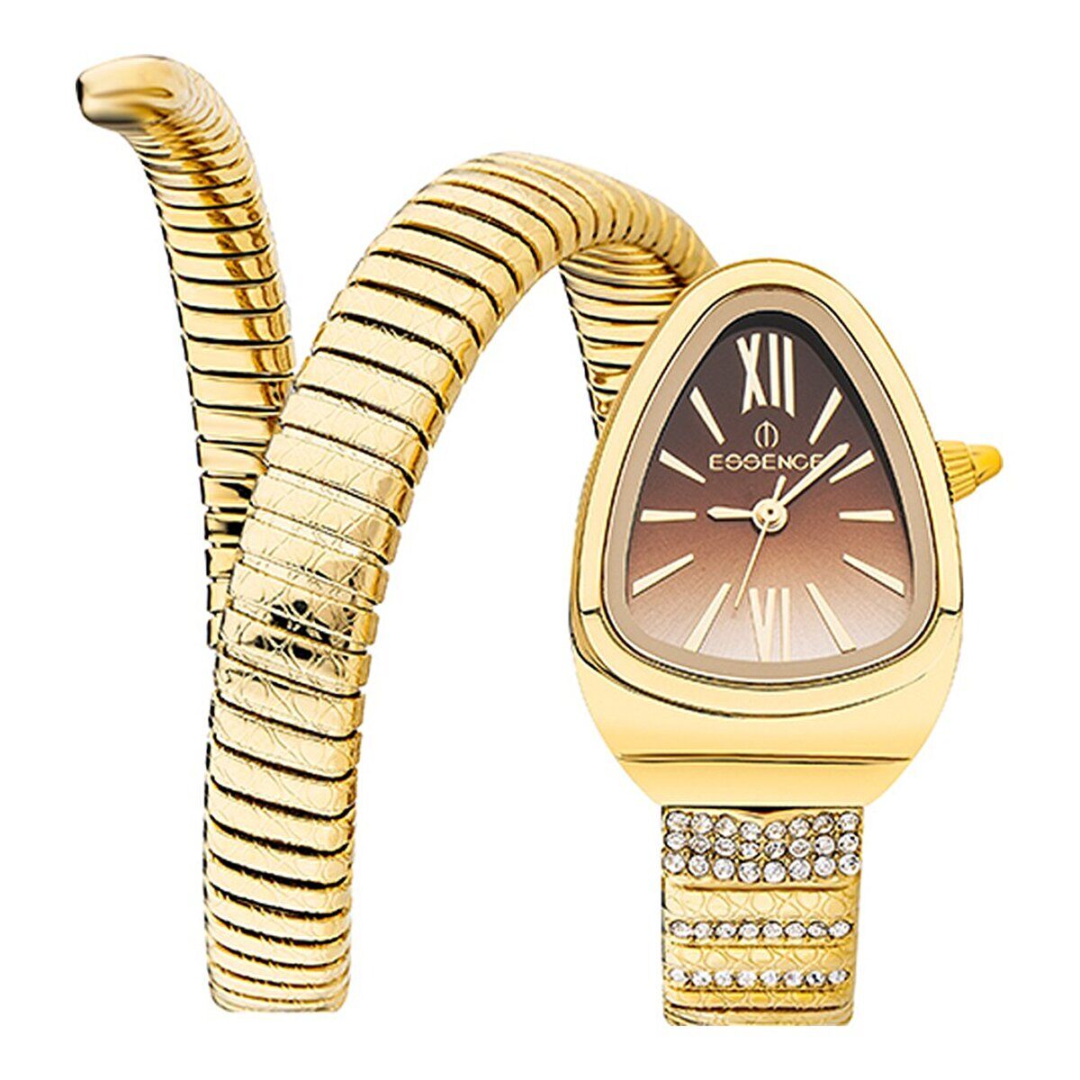 Essence D1147.150 Kadın Kol Saati | 32 mm Gold Spiral Kasa, Kahverengi Kadran, Taşlı Yılan Kordon