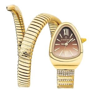Essence D1147.150 Kadın Kol Saati | 32 mm Gold Spiral Kasa, Kahverengi Kadran, Taşlı Yılan Kordon
