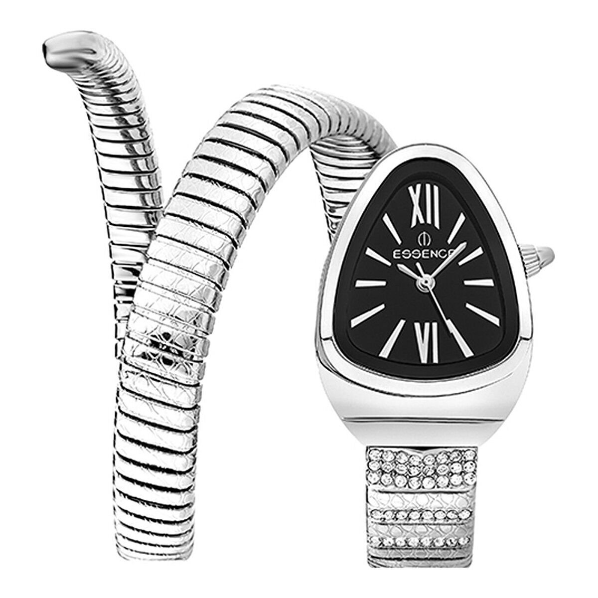 Essence D1147.350 Kadın Kol Saati | 32 mm Spiral Çelik Kasa, Siyah Kadran, Taşlı Yılan Kordon