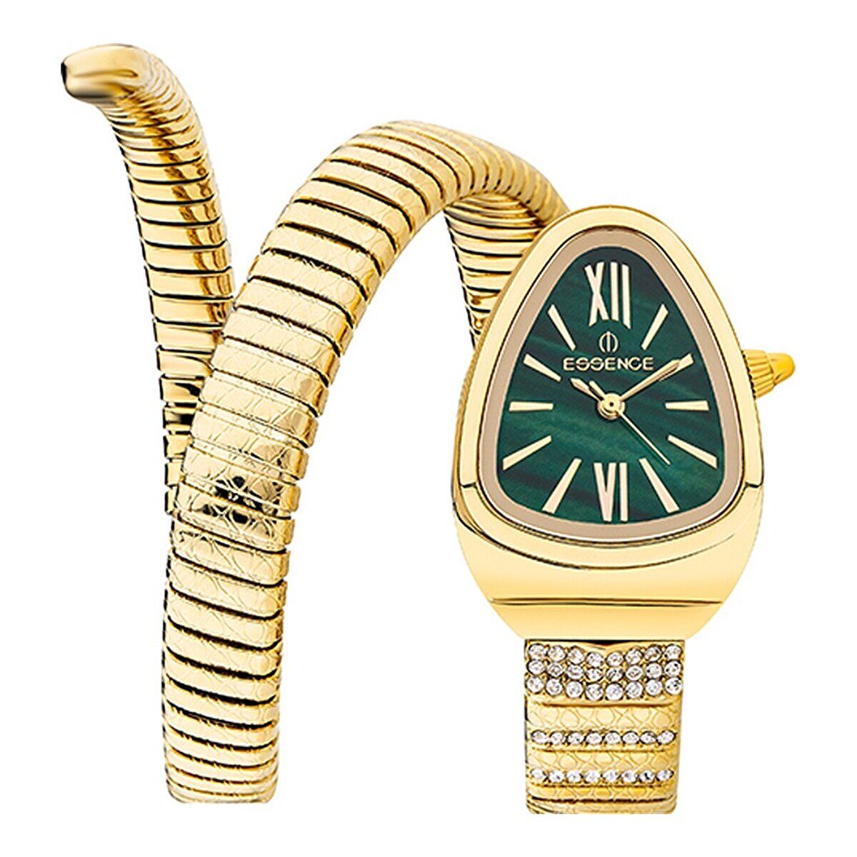 Essence D1147.170 Kadın Kol Saati | 32 mm Altın Spiral Kasa, Yeşil Kadran, Taş Detaylı Şık Tasarım