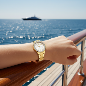 Essence ES6904FE.120 Kadın Kol Saati | 36 mm Gold Çelik Kasa, Taşlı Çerçeve, Sedef Kadran