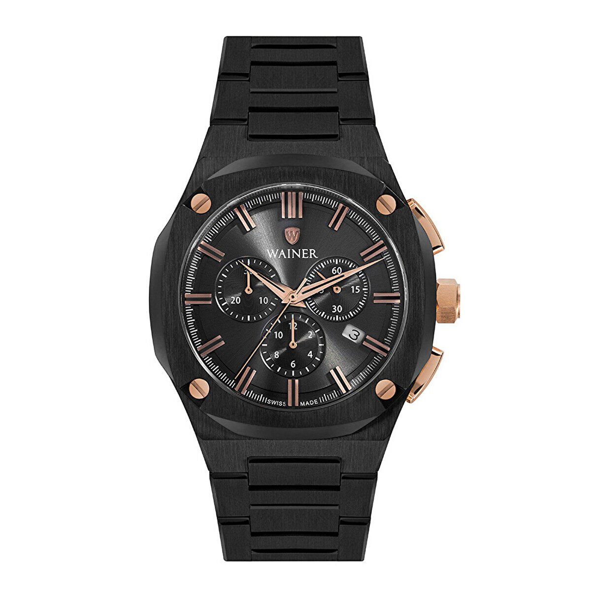 Wainer WA.10000-C Erkek Kol Saati | 43 mm Siyah Paslanmaz Çelik Kasa, Safir Cam, Kronograf Mekanizma