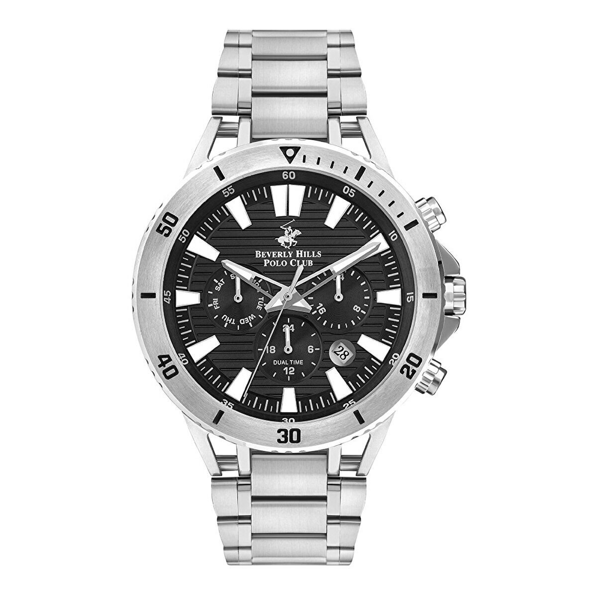 Beverly Hills Polo Club BP3401X.350 Erkek Kol Saati | 47 mm Silver Çelik Kasa, Siyah Kadran, Dual Time, 10 ATM Spor Saat