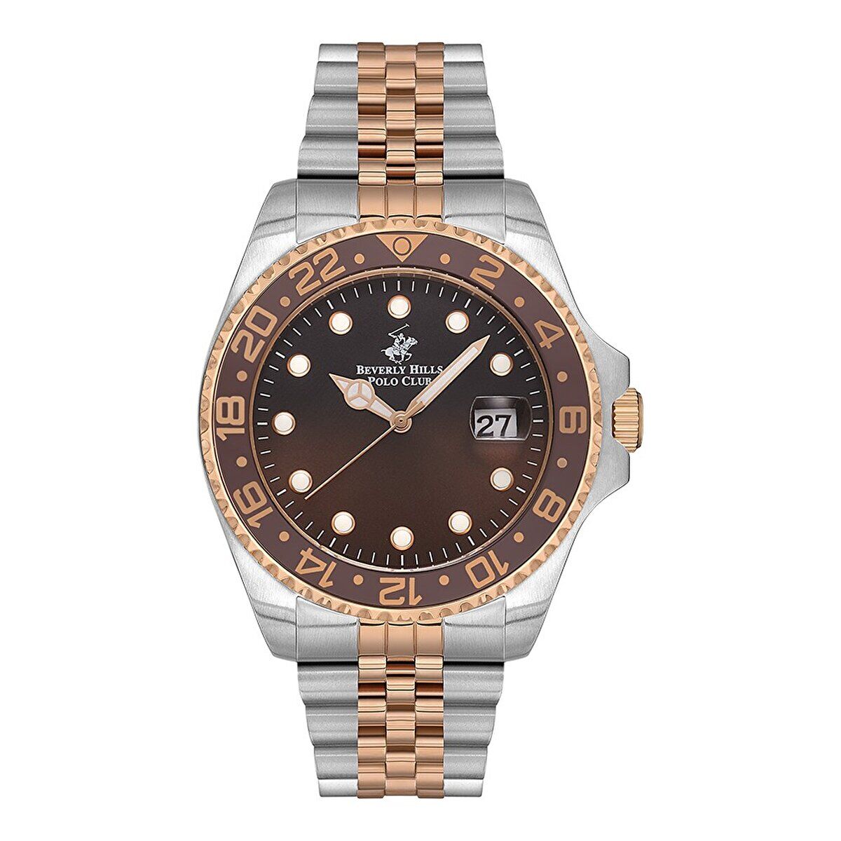 Beverly Hills Polo Club BP3126X.540 Erkek Kol Saati | 44 mm Silver-Rose Gold Kasa, Kahverengi Kadran, Seramik Safir Cam