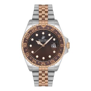 Beverly Hills Polo Club BP3126X.540 Erkek Kol Saati | 44 mm Silver-Rose Gold Kasa, Kahverengi Kadran, Seramik Safir Cam