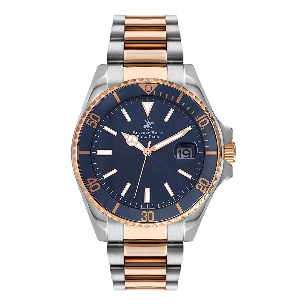 Beverly Hills Polo Club BP3125X.590 Erkek Kol Saati | 44 mm Silver-Rose Gold Kasa, Lacivert Kadran, 10 ATM, Seramik Safir Cam