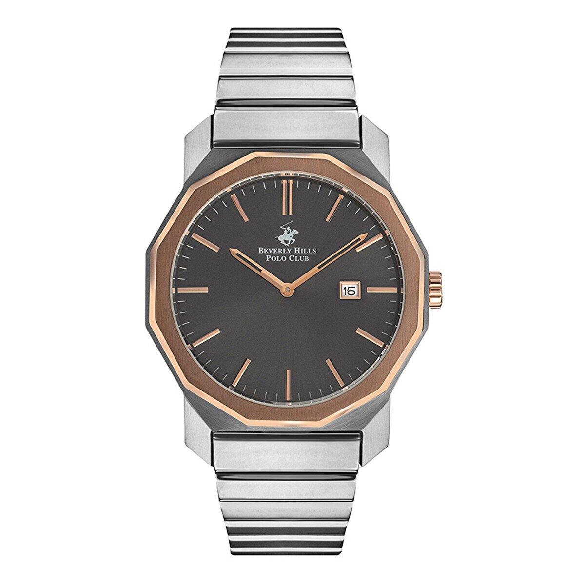 Beverly Hills Polo Club BP3140X.560 Erkek Kol Saati | 42 mm Silver-Rose Gold Çelik Kasa, Siyah Kadran, 10 ATM, Seramik Safir Cam