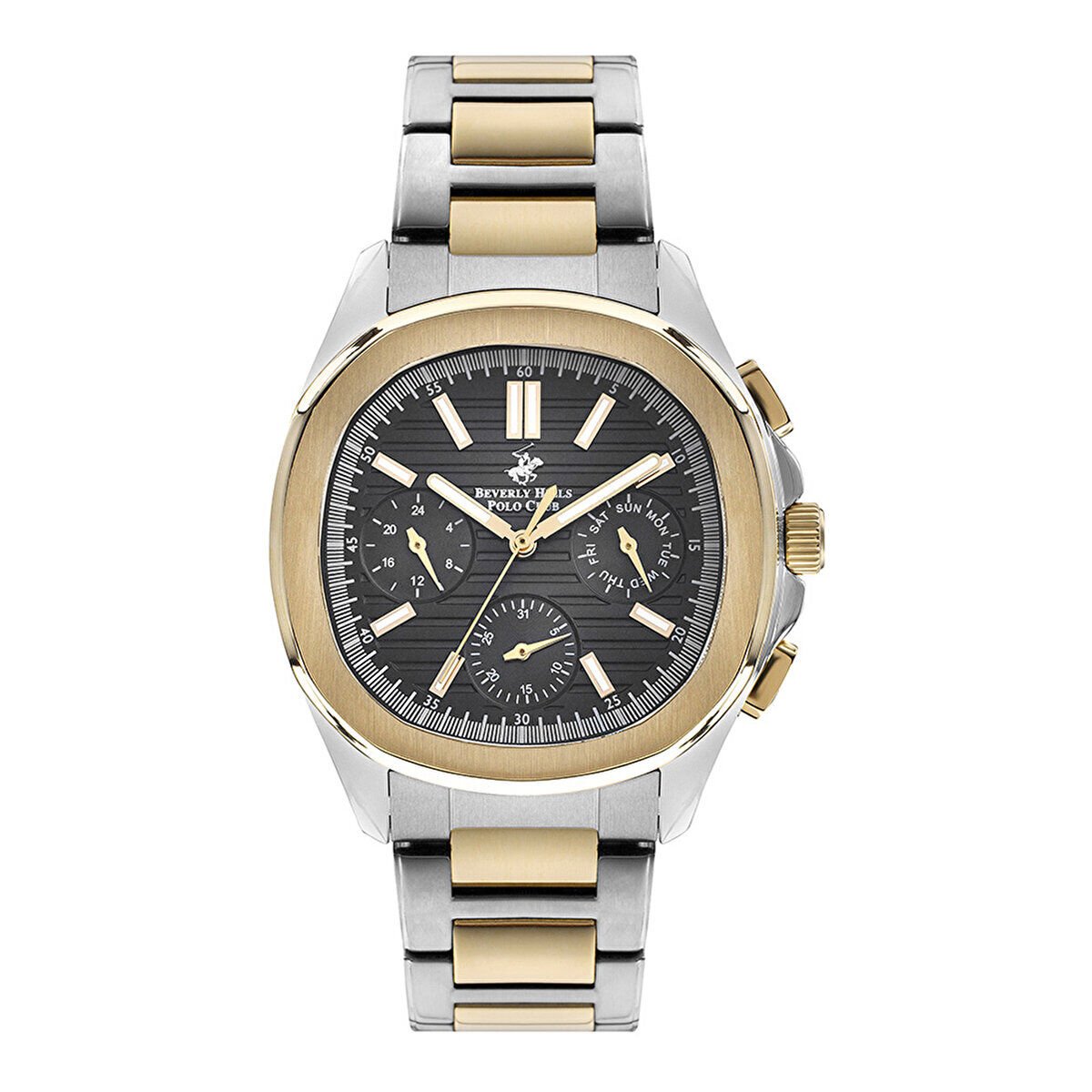 Beverly Hills Polo Club BP3212X.250 Erkek Kol Saati | 42 mm Silver-Gold Çelik, Siyah Kadran, Multifonksiyon Quartz, 10 ATM