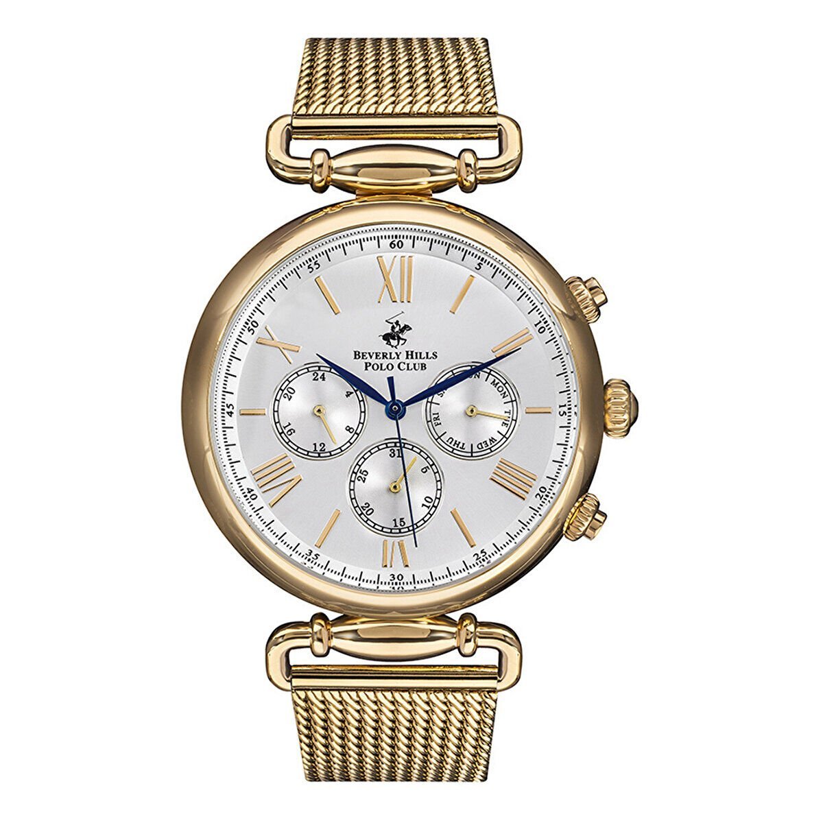 Beverly Hills Polo Club BP3146X.130 Erkek Kol Saati | 46 mm Altın Hasır Kordon, Beyaz Kadran