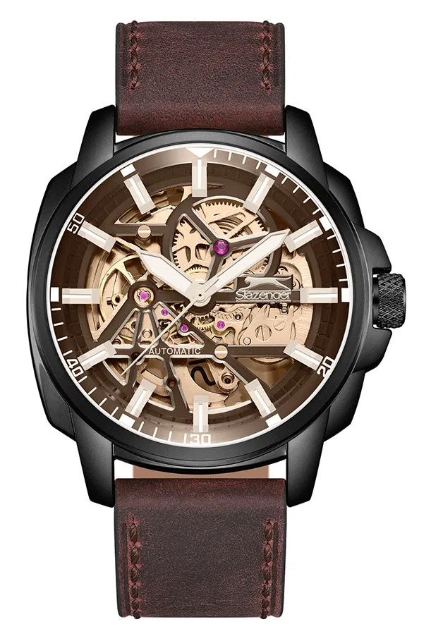 Slazenger SL.09.2435.1.06 Otomatik Erkek Kol Saati | Mekanizma Görünümlü Deri Kordonlu