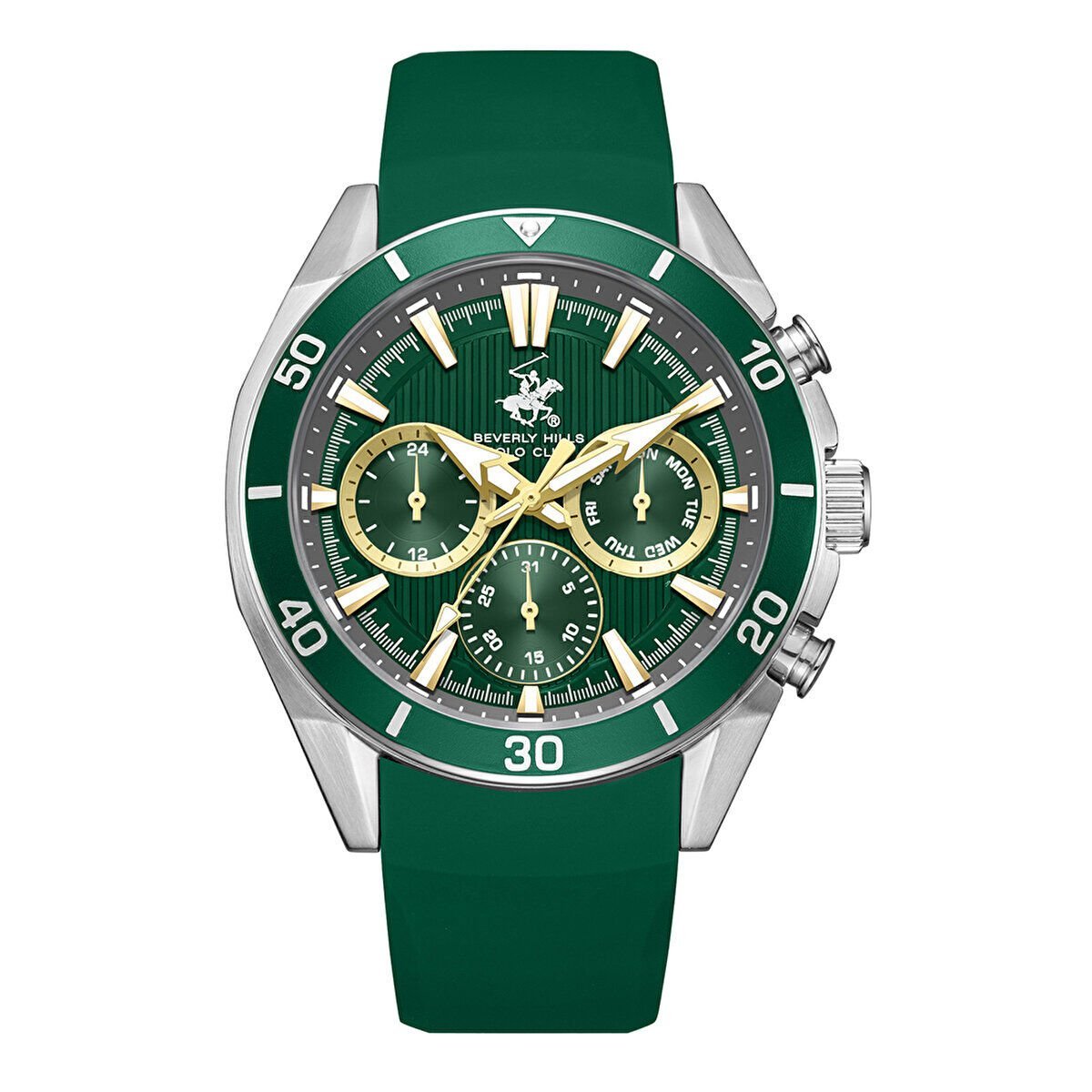 Beverly Hills Polo Club BP3730X.375 Erkek Kol Saati | Koyu Yeşil Silikon Kordon & Gümüş Kasa