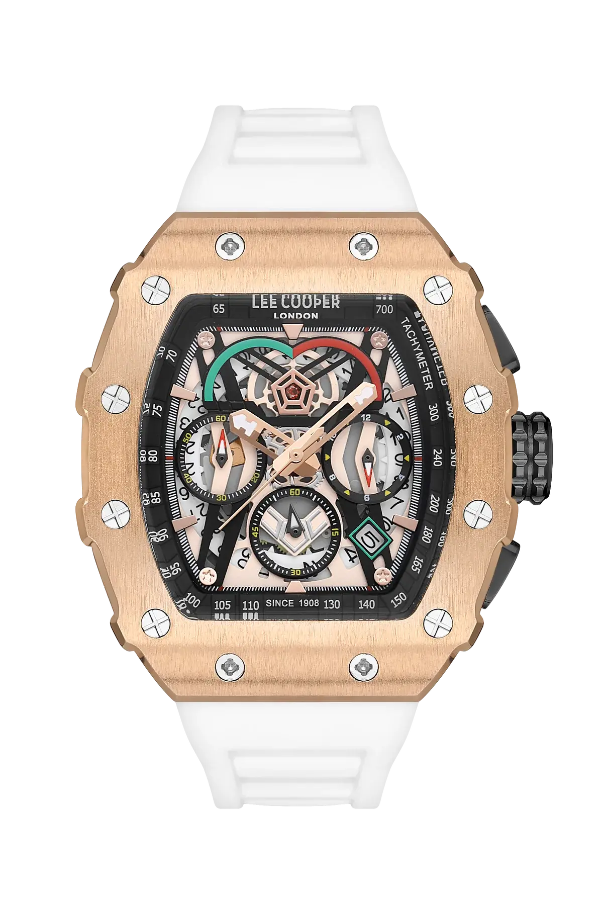 Lee Cooper Özel Seri Erkek Kol Saati | 46 mm Rosegold Çelik Kasa, Beyaz Silikon Kordon, Multifonksiyonel Spor Tasarım