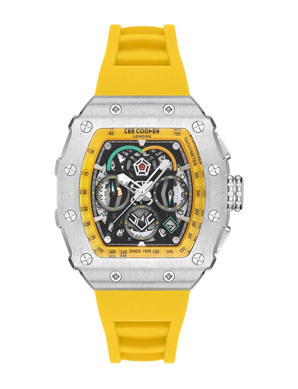 Lee Cooper Sarı Silikon Erkek Kol Saati | 46 mm Çelik Kasa, İskelet Kadran, Sportif Tasarım