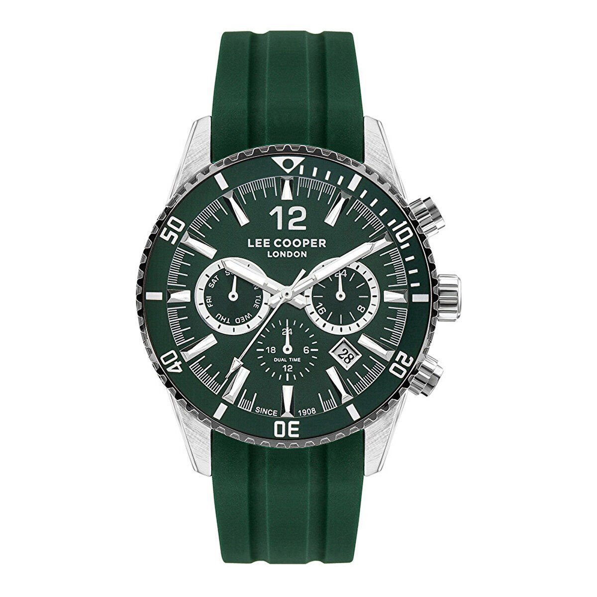 Lee Cooper LC07628.377 Erkek Kol Saati | 42 mm Açık Yeşil Kadran, Çelik Kasa, Silikon Kordon, Sportif Multifonksiyon