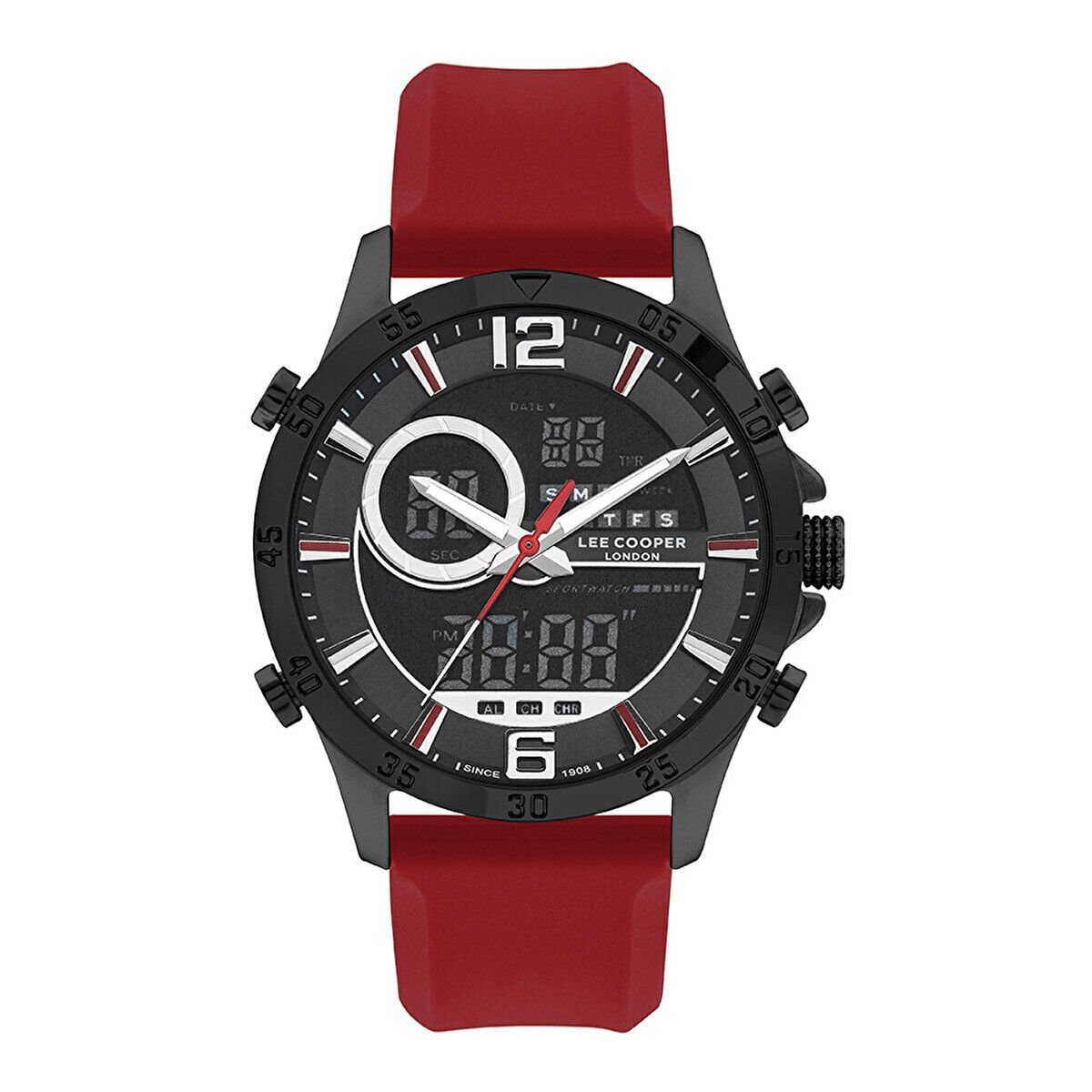 Lee Cooper LC07559.658 Erkek Kol Saati | 46 mm Dijital & Analog Tasarım, Kırmızı Silikon Kordon, Çelik Kasa