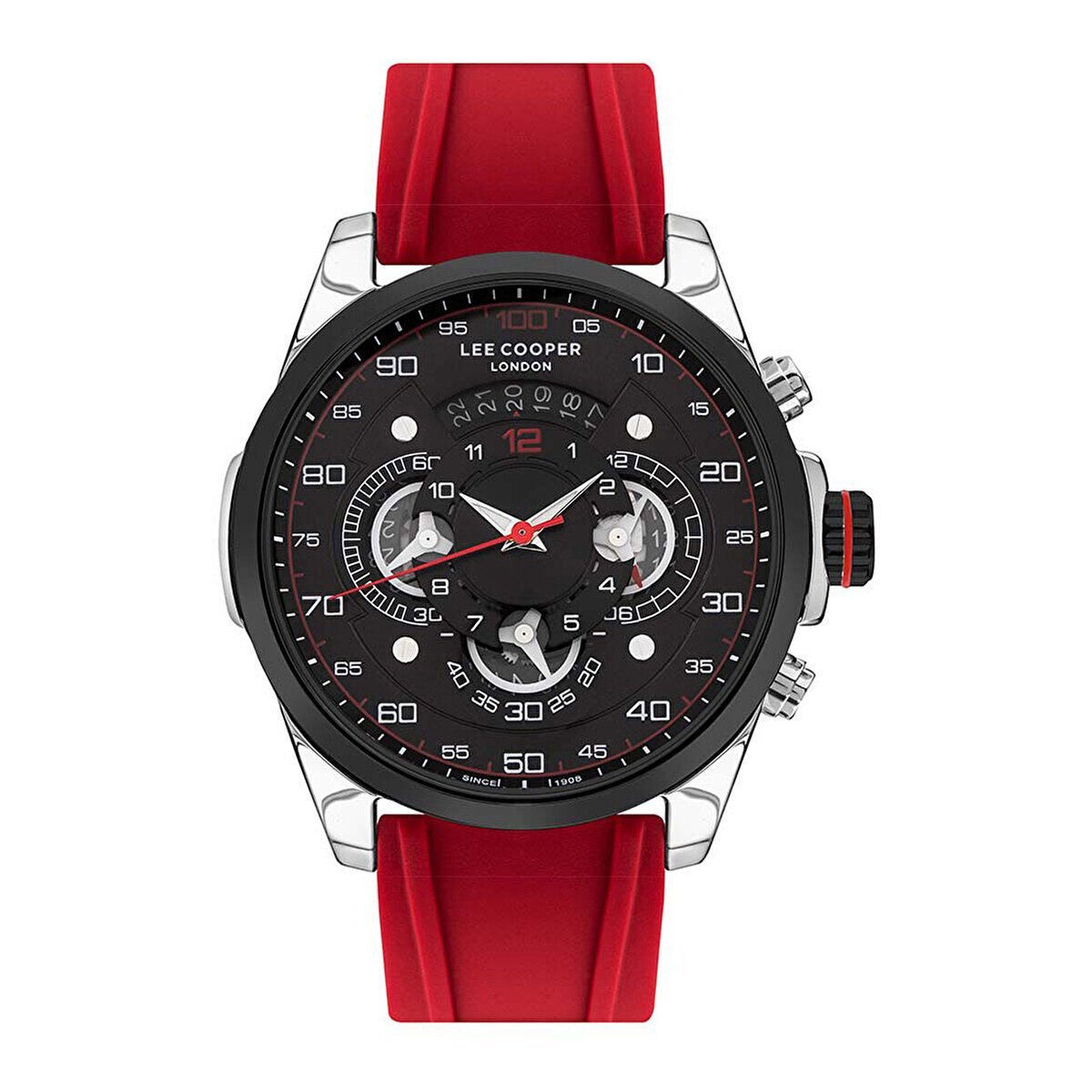 Lee Cooper LC07432.358 Erkek Kol Saati | 48 mm Siyah Kadran, Kırmızı Silikon Kordon, Sportif ve Fonksiyonel Stil