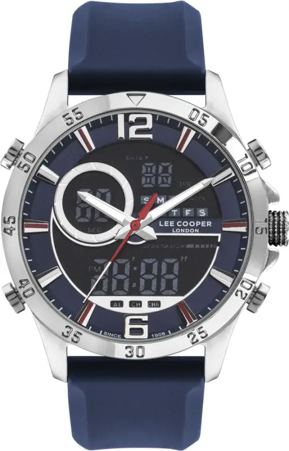 Lee Cooper LC07559.399 Erkek Kol Saati | 46 mm Çelik Kasa, Dijital & Analog, Mavi Silikon Kordon