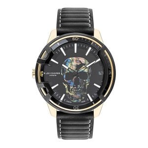 Lee Cooper LC07588.151 Erkek Kol Saati | 48 mm Kafatası Tasarımlı Siyah Kadran, Altın Detaylı Çelik Kasa, Deri Kordon