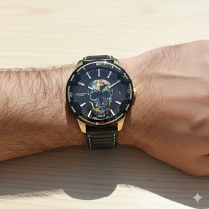 Lee Cooper LC07588.151 Erkek Kol Saati | 48 mm Kafatası Tasarımlı Siyah Kadran, Altın Detaylı Çelik Kasa, Deri Kordon