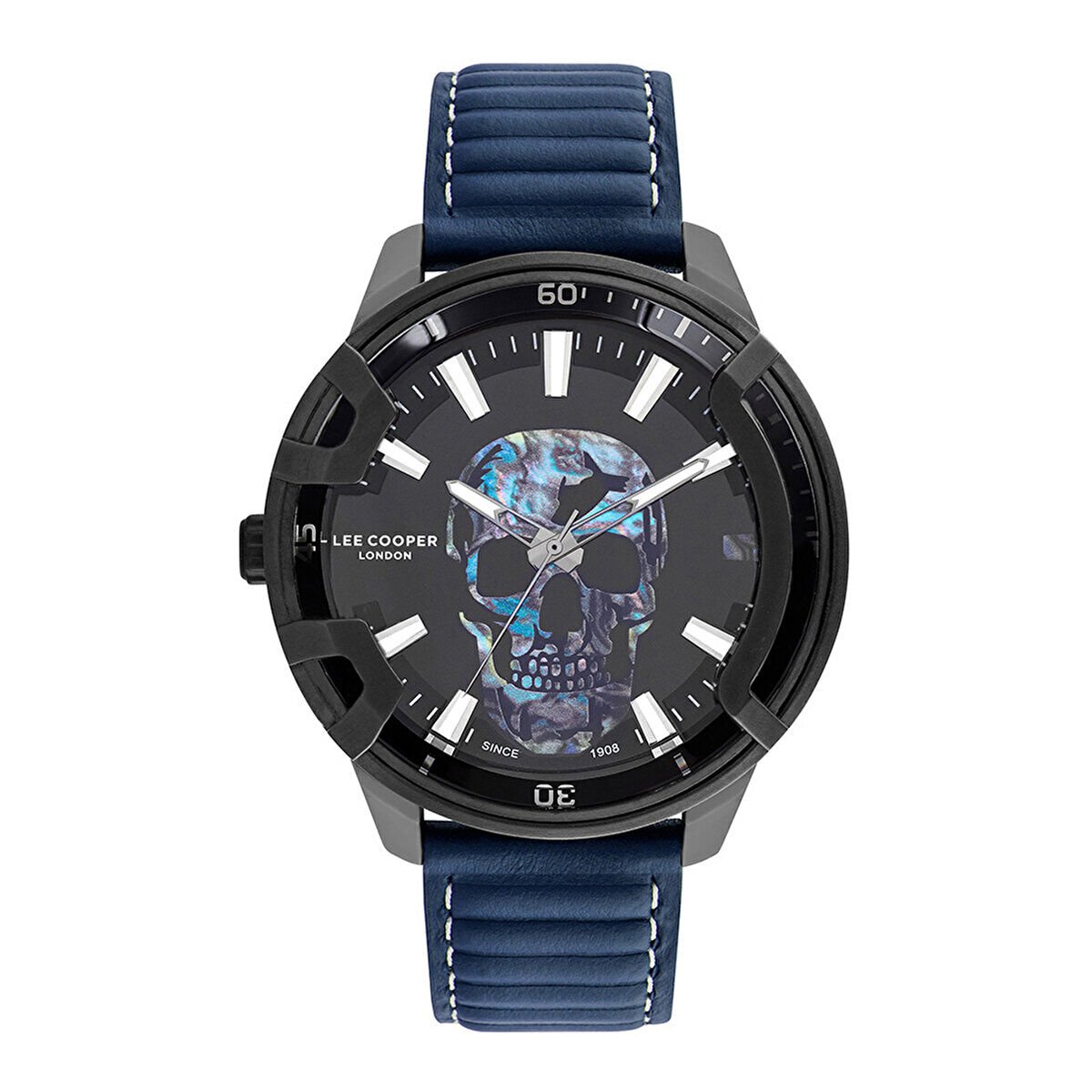 Lee Cooper LC07588.699 Erkek Kol Saati | 48 mm Kafatası Tasarımlı Siyah Kadran, Mavi Deri Kordon, Siyah Kasa