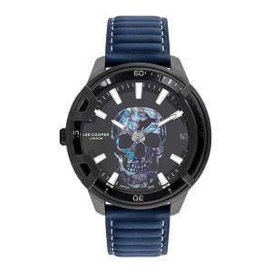 Lee Cooper LC07588.699 Erkek Kol Saati | 48 mm Kafatası Tasarımlı Siyah Kadran, Mavi Deri Kordon, Siyah Kasa