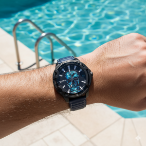 Lee Cooper LC07588.699 Erkek Kol Saati | 48 mm Kafatası Tasarımlı Siyah Kadran, Mavi Deri Kordon, Siyah Kasa