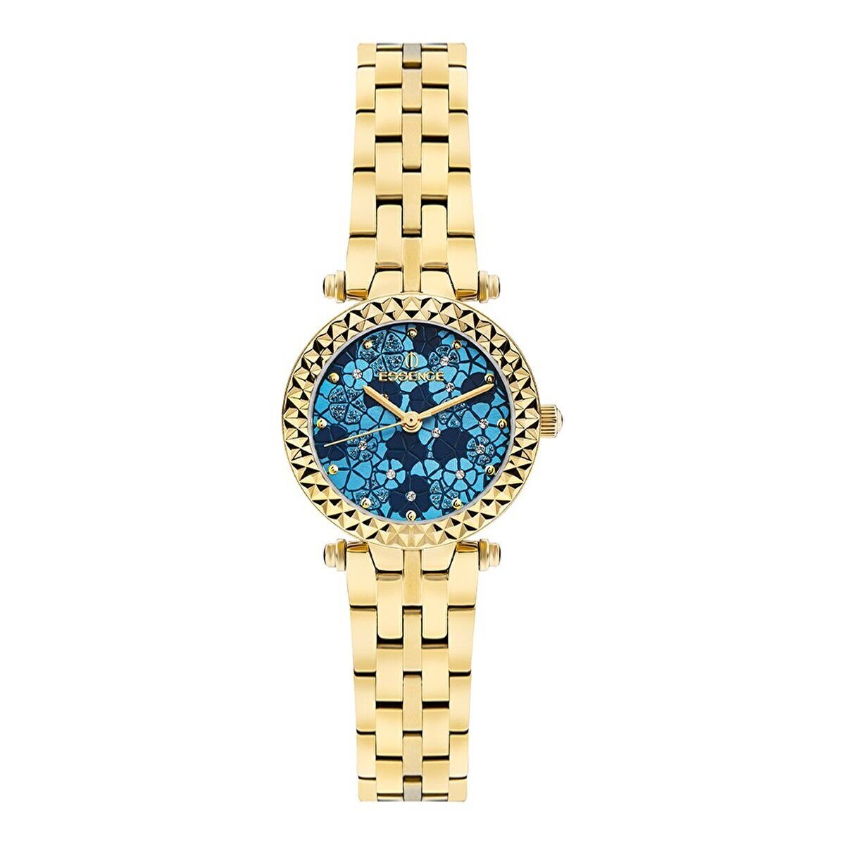 Essence D1139.190 Kadın Kol Saati | 28 mm Altın Renkli Kasa, Çiçek Desenli Lacivert Kadran, Taşlı Çerçeve