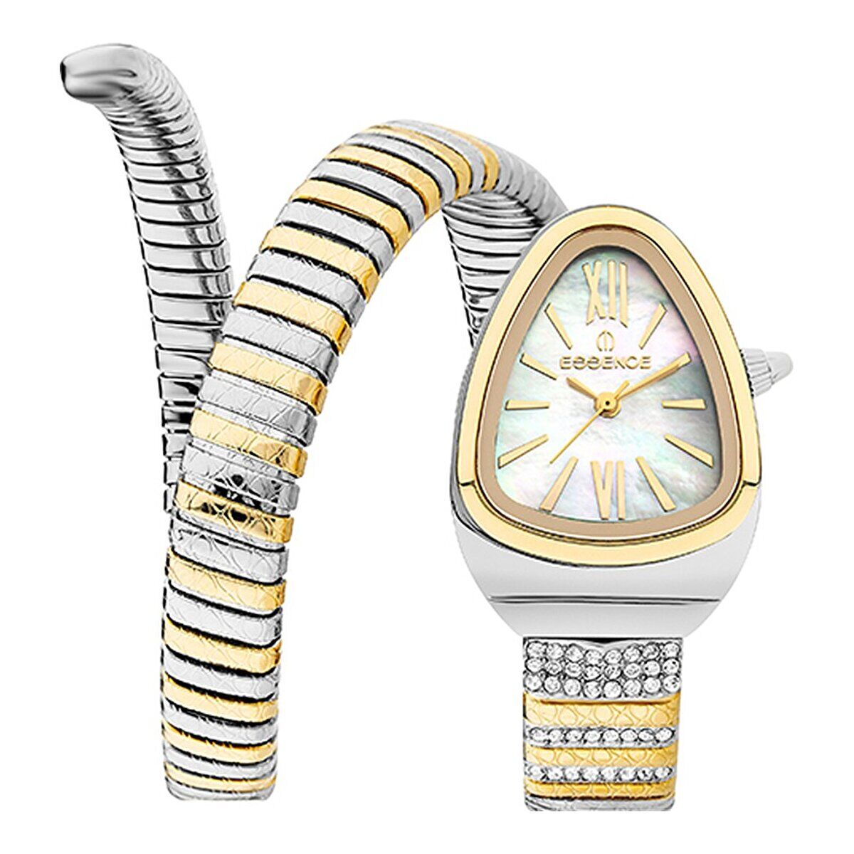 Essence D1147.220 Kadın Kol Saati | 32 mm Çift Renk Spiral Kasa, Sedef Kadran, Taşlı Yılan Kordon