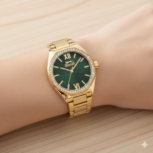 Slazenger SL.09.2301.3.03 Kadın Kol Saati | 34 mm Taşlı Altın Kasa, Yeşil Desenli Kadran