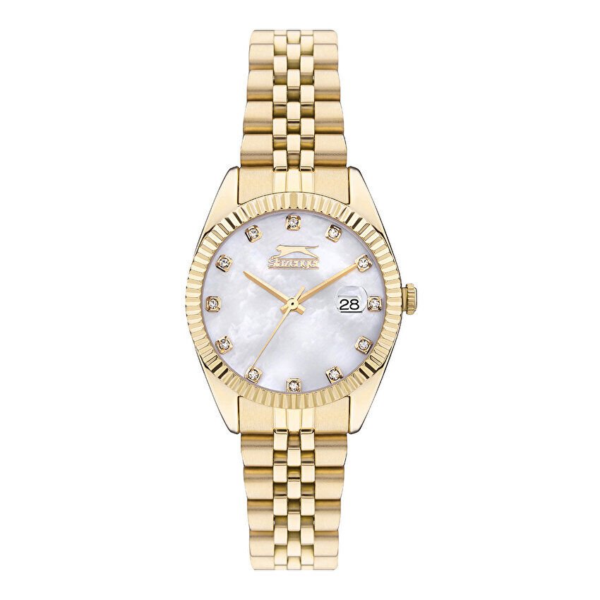 Slazenger SL.09.2240.3.08 Kadın Kol Saati | 32 mm Altın Renk Çelik Kasa, Sedef Taşlı Kadran, Takvim Fonksiyonu