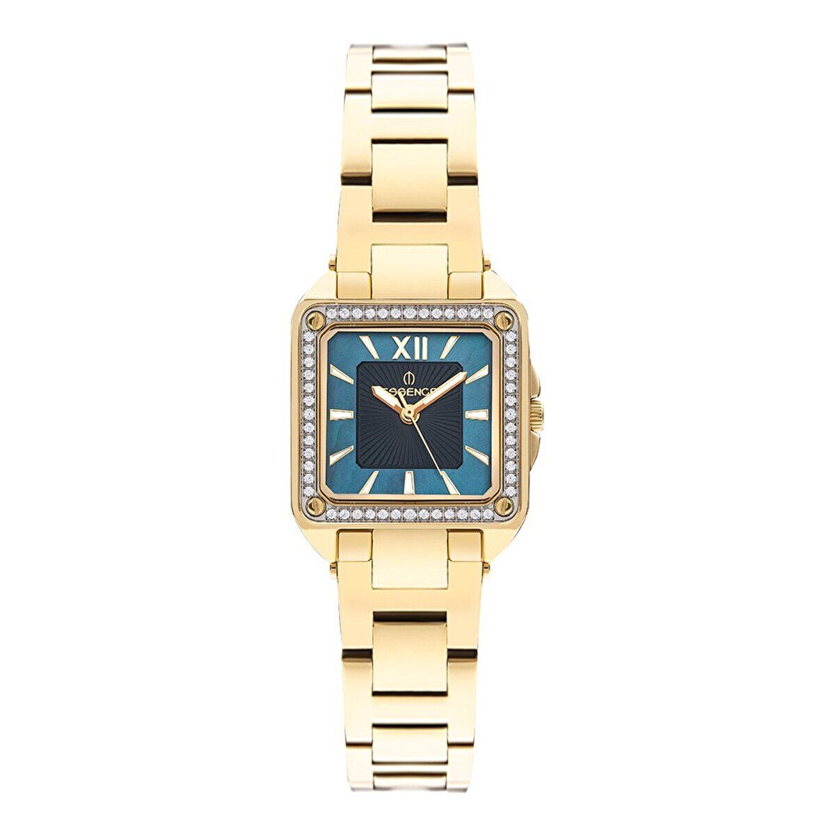 Essence D1144.190 Kadın Kol Saati | 24 mm Kare Kasa, Taşlı Çerçeve, Mavi Kadran
