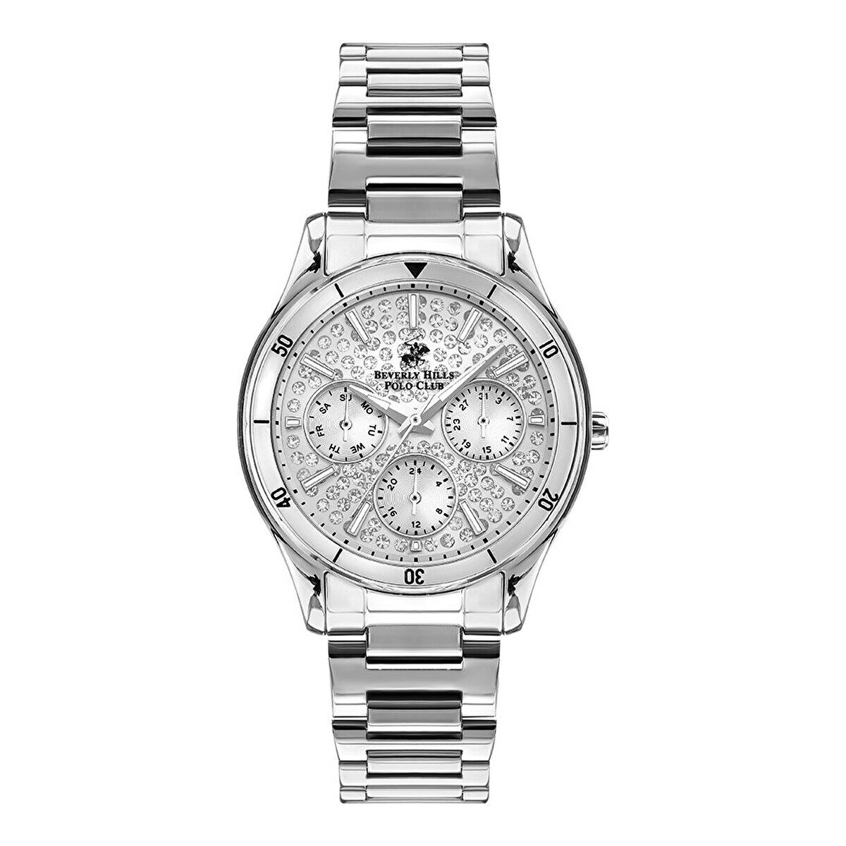 Beverly Hills Polo Club BP3350X.330 Kol Saati | 36 mm Silver Kasa, Kristal Taşlı Kadın Saat, Multifonksiyon Mekanizma