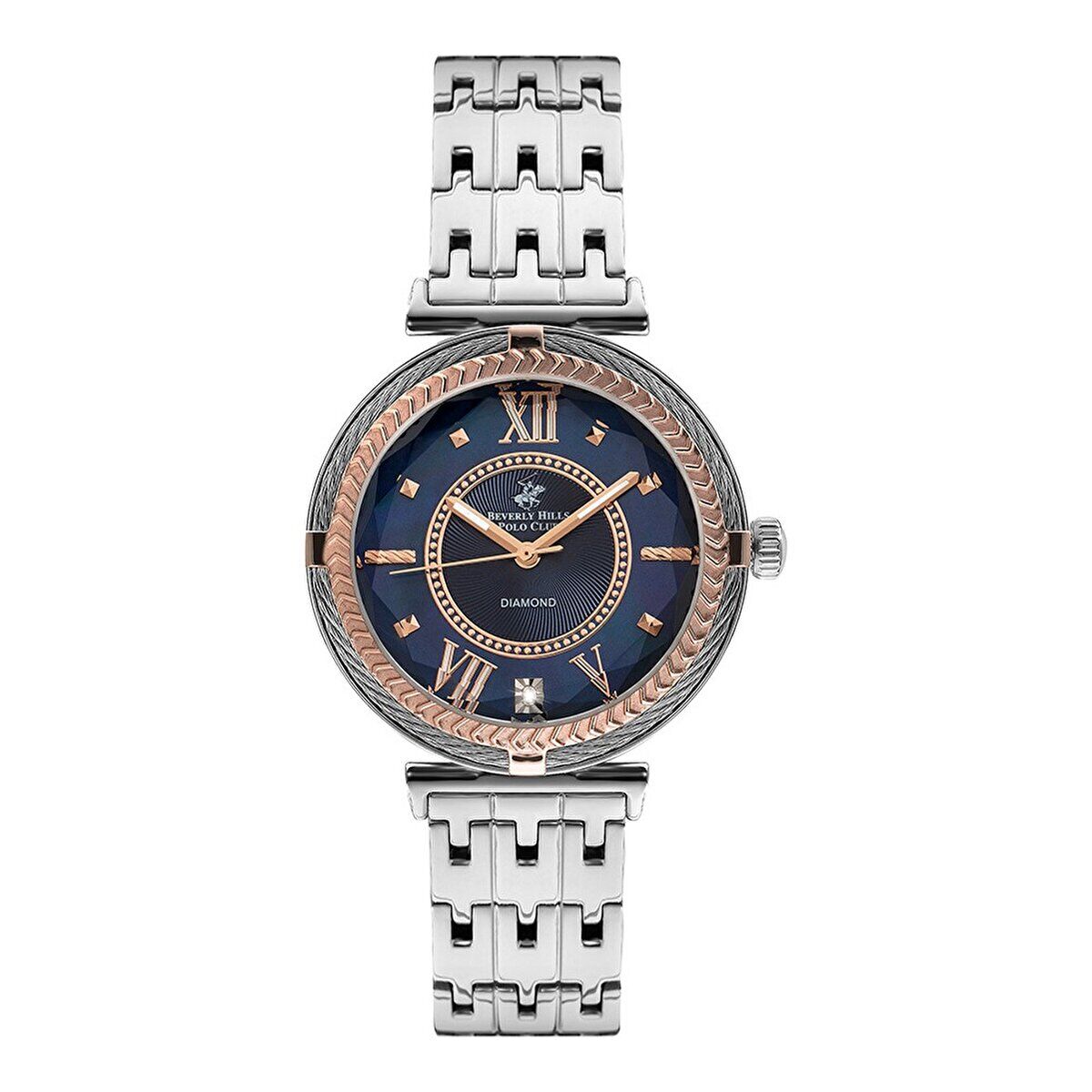 Beverly Hills Polo Club BP3222X.590 Kol Saati | 36 mm Çift Renkli Çelik Kasa, Lacivert Kadran, Pırlantalı Kadın Saat