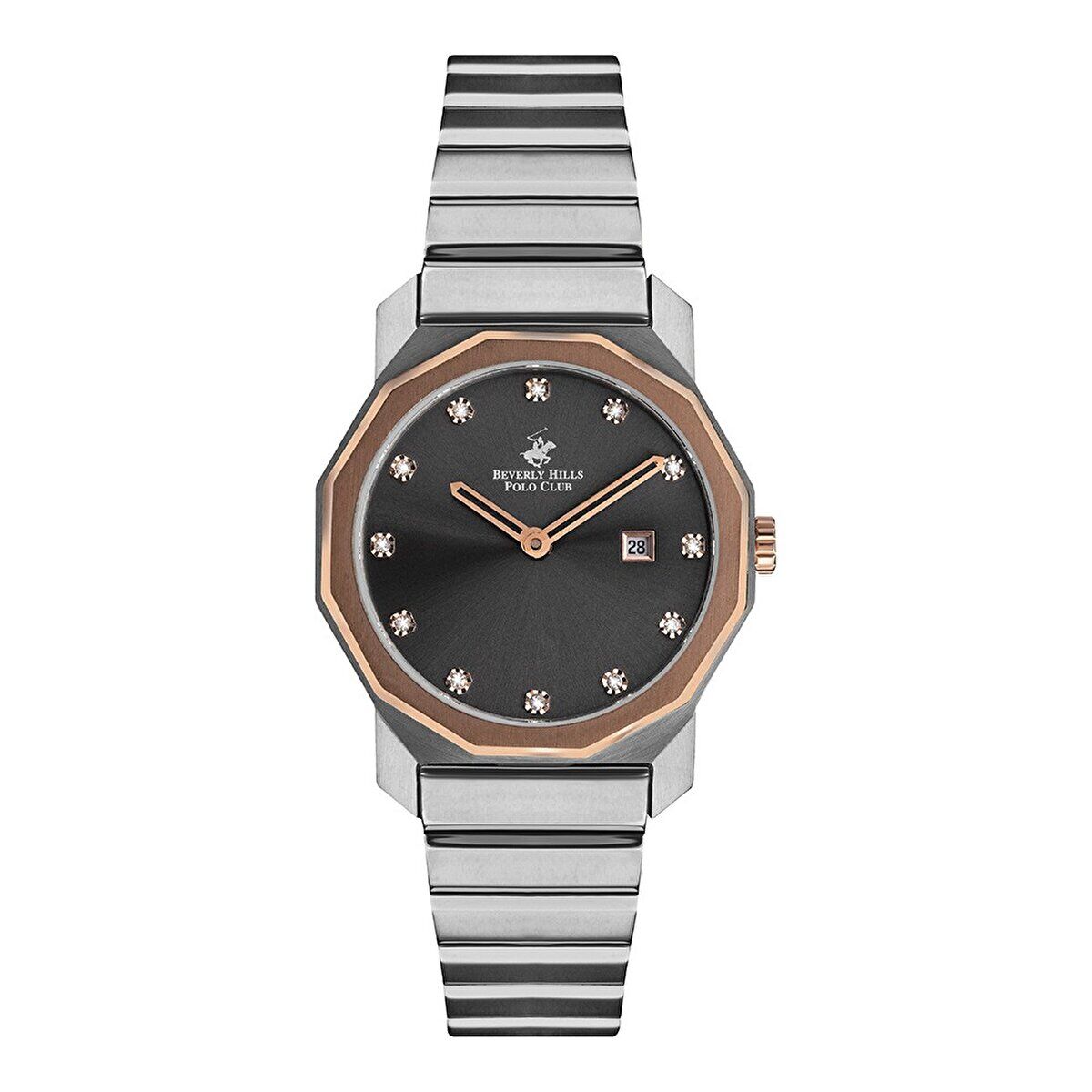 Beverly Hills Polo Club BP3141X.560 Kol Saati | 34 mm Sekizgen Gri-Rose Kasa, Taşlı Kadran