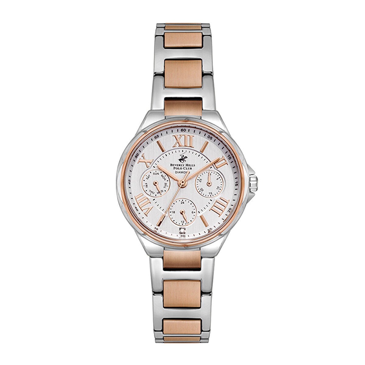 Beverly Hills Polo Club BP3085C.530 Kol Saati | 33 mm Gümüş-Rose Kasa, Multifonksiyonel Takvimli Taşlı Kadın Saat