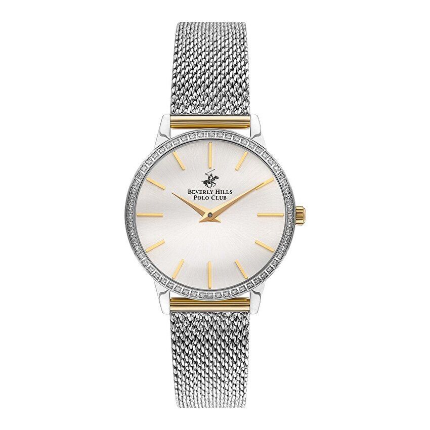 Beverly Hills Polo Club BP3298C.230 Kadın Kol Saati | 35 mm Taşlı Çerçeve, Silver Hasır Kordon, Gold Detaylı Şık Model