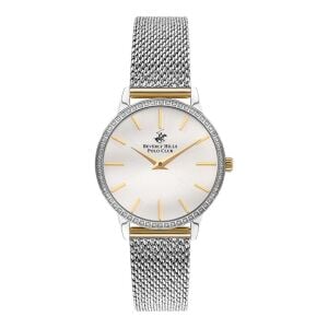 Beverly Hills Polo Club BP3298C.230 Kadın Kol Saati | 35 mm Taşlı Çerçeve, Silver Hasır Kordon, Gold Detaylı Şık Model