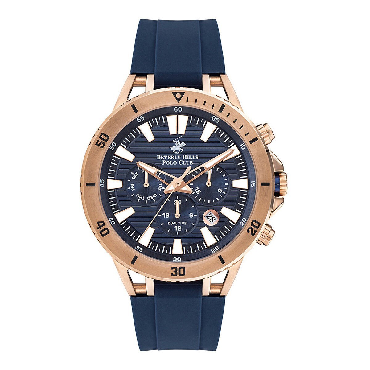Beverly Hills Polo Club BP3411X.499 Erkek Kol Saati | 45 mm Çelik Kasa, Lacivert Silikon Kordon, 10 ATM Spor Kronograf