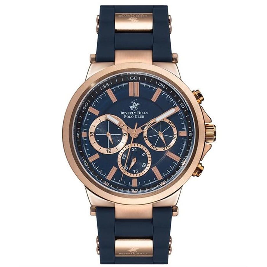 Beverly Hills Polo Club BP3031X.499 Erkek Kol Saati | 45 mm Rose Kasa, Lacivert Silikon Kordon, 10 ATM Spor Saat