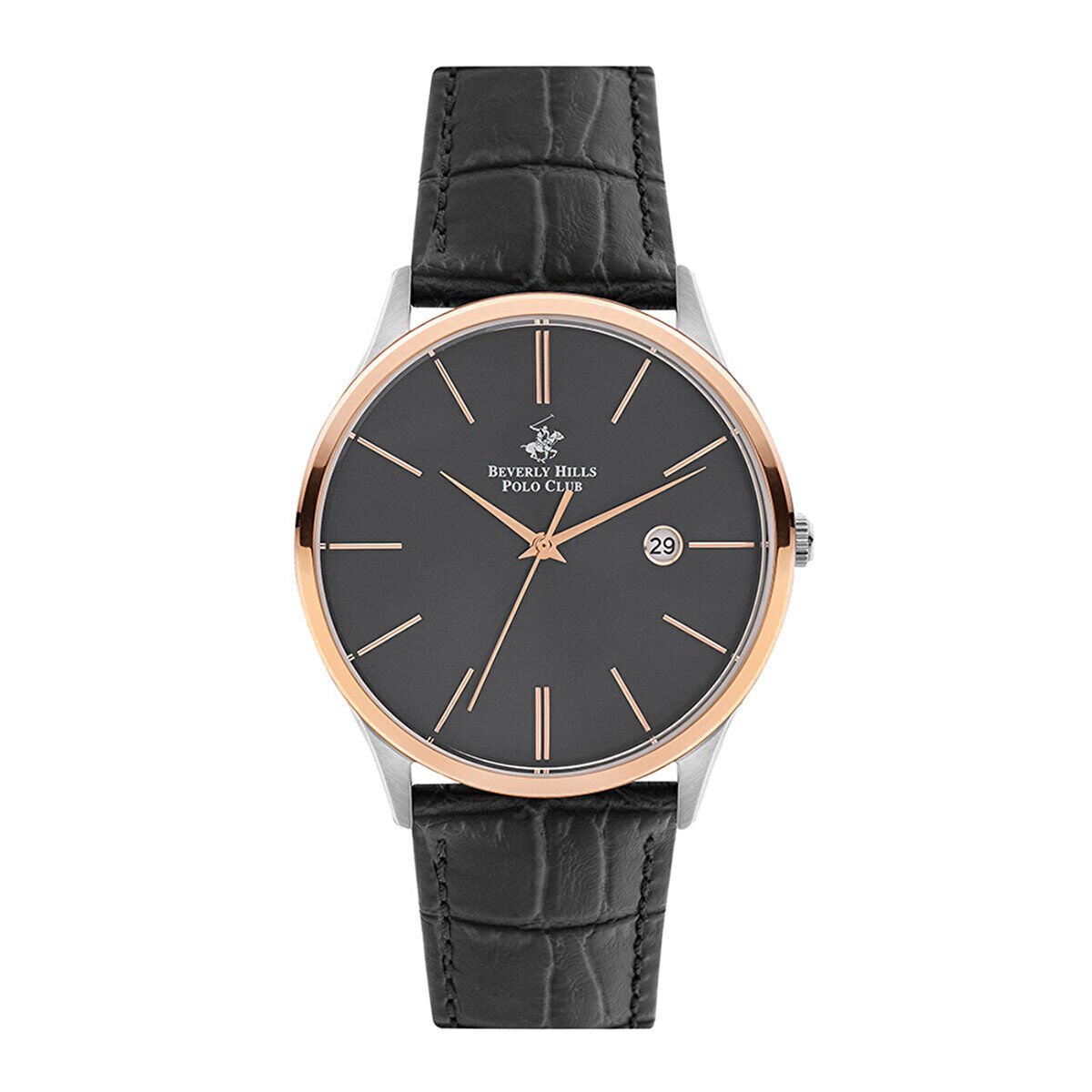 Beverly Hills Polo Club BP3045X.551 Erkek Kol Saati | 42 mm Silver/Rosegold Kasa, Siyah Deri Kordon, Takvimli