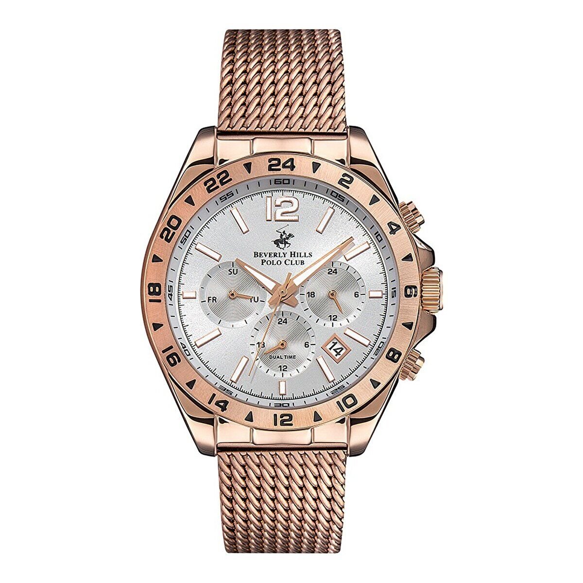 Beverly Hills Polo Club BP3128X.430 Erkek Kol Saati | 42 mm Rose Gold Hasır Kordon, Gümüş Kadran