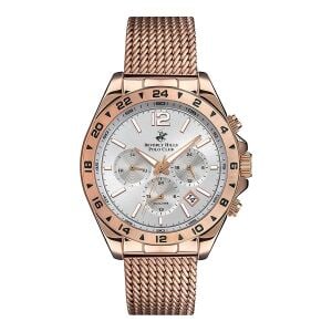 Beverly Hills Polo Club BP3128X.430 Erkek Kol Saati | 42 mm Rose Gold Hasır Kordon, Gümüş Kadran