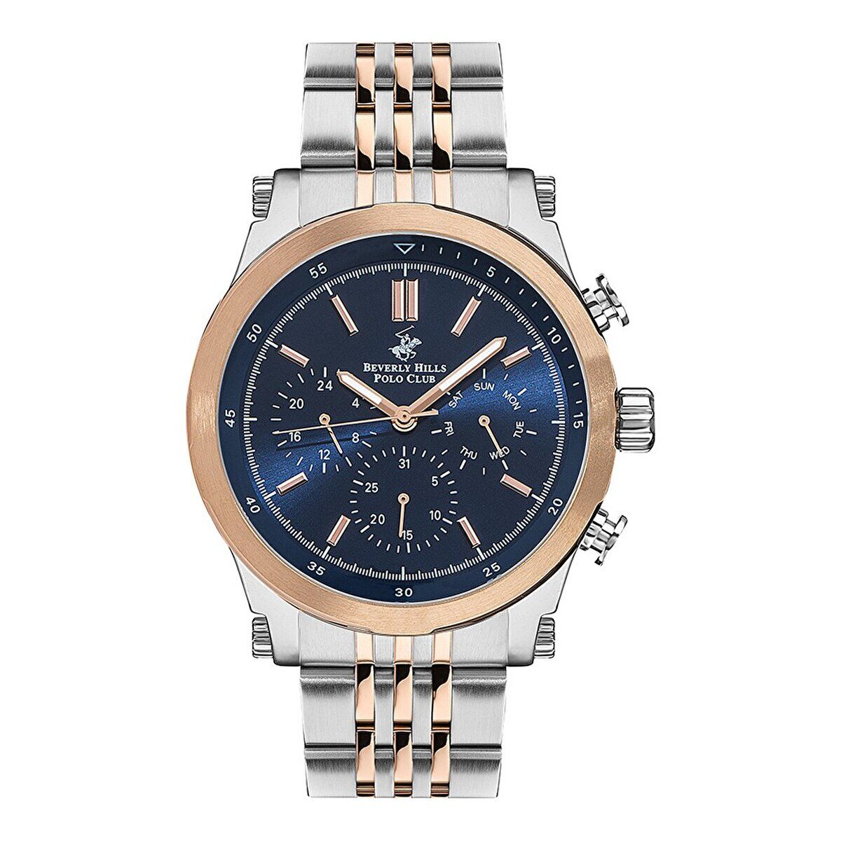 Beverly Hills Polo Club BP3142X.590 Erkek Kol Saati | 46 mm Silver & Rose Gold Paslanmaz Çelik, Lacivert Kadran