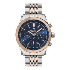 Beverly Hills Polo Club BP3142X.590 Erkek Kol Saati | 46 mm Silver & Rose Gold Paslanmaz Çelik, Lacivert Kadran
